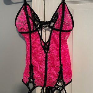 Hot Pink Lace up Lingerie with Heart clasp